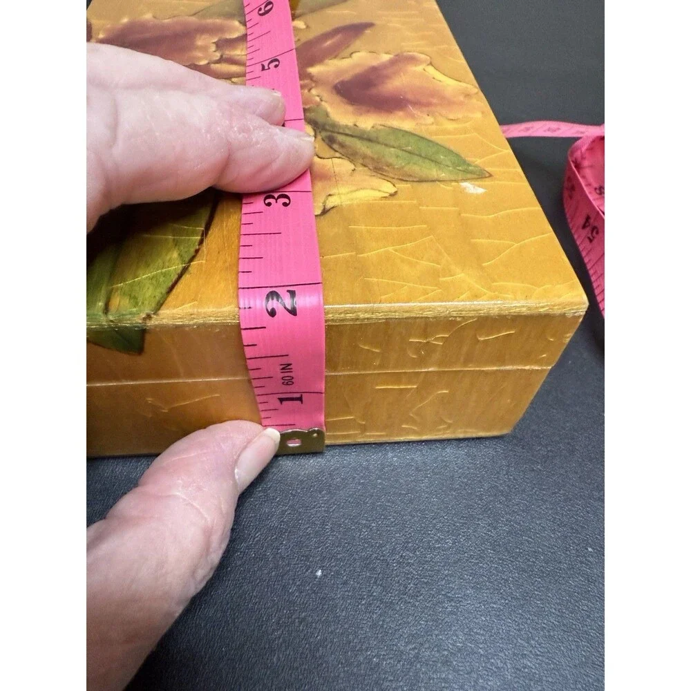 Vintage Trinket Box Floral Light Wood Green Interior Keepsakes Jewelry